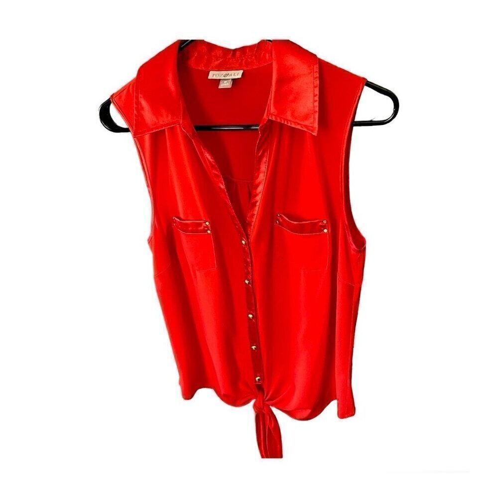 Roz & Ali Femme Silky Notch Collar Button Down Tamale Red Sleeveless Top Sz Med